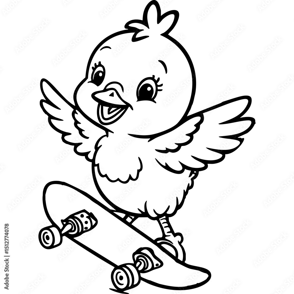 Fototapeta premium Happy Little Chick Skateboarding with Joy Coloring Page