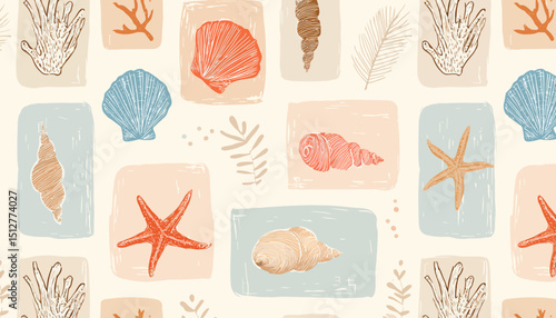 Minimalist Marine Seamless Pattern � Hand Drawn Seashells and Starfish in Frames for Tropical Beach Designs and Ocean-Themed Decor