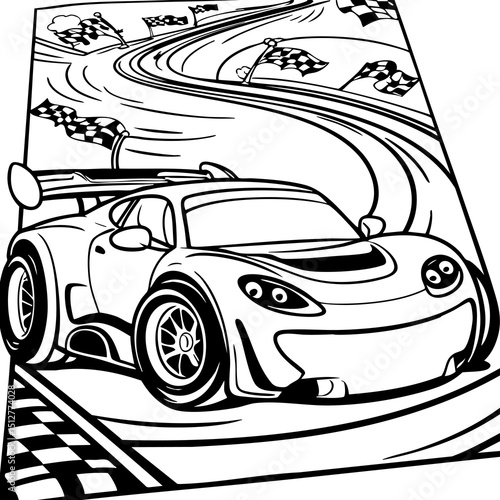 Cartoon Race Car on a Twisting Race Track with Flags