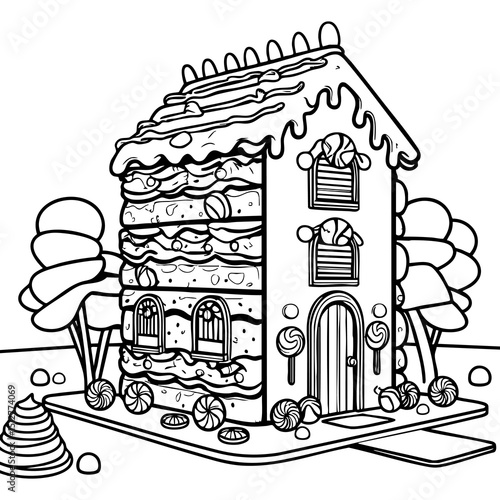 Candy Layered Gingerbread House Full of Sweets Coloring Page