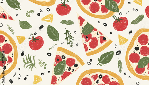 Italian Pizza Seamless Pattern � Hand-Drawn Margherita Slices with Fresh Ingredients for Foodie Designs