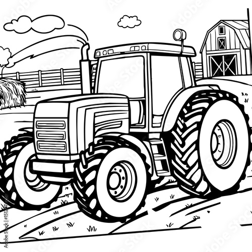 Large Cartoon Tractor Working on the Farm with Barn and Fields Behind