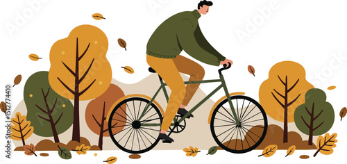 Man Riding Bicycle Through Autumn Forest Trees With Falling Leaves Vector Illustration in Landscape Orientation 