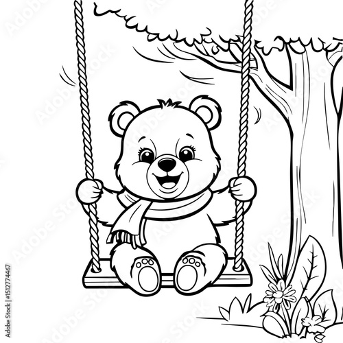 Adorable Bear Cub Joyfully Playing on a Swing in the Forest Coloring Page