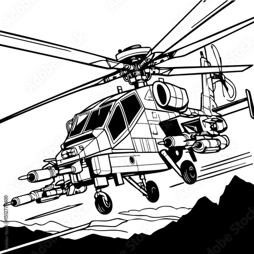 Military Attack Helicopter Coloring Page in Flight