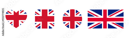UK flag. National England symbol. Various shapes feature the  Union Jack flag flag, celebrating patriotism and national identity. Vector illustration