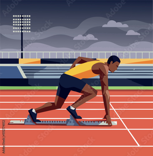Male athlete preparing to sprint on running track in stadium illustration vector 