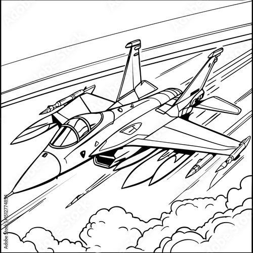 Jet Fighter Soaring in the Sky with Missiles – Coloring Page