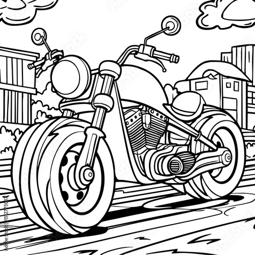 Detailed Classic Motorcycle Coloring Page with Urban Background