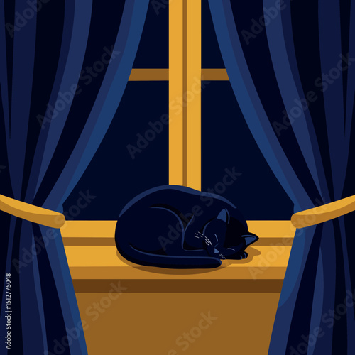 Sleeping black cat on windowsill with dark blue curtains vector illustration 
