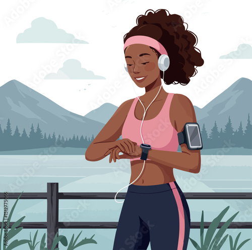 Woman jogging with headphones and smartwatch near lake and mountains in outdoor fitness scene 