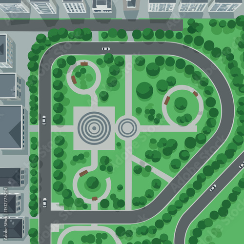 Urban park aerial view with pathways green trees and surrounding buildings vector illustration 