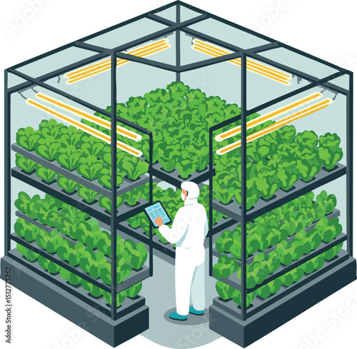 Indoor hydroponic farming with technician monitoring plant growth under artificial lights vector 