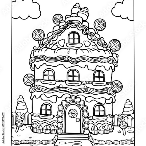 Gingerbread Candy House with Lollipops Coloring Page