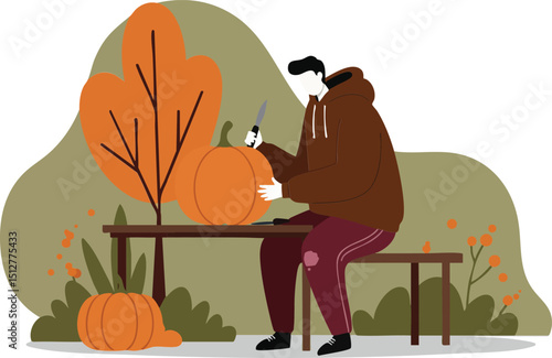 Person carving pumpkin on bench in autumn park with brown and orange foliage vector illustration 