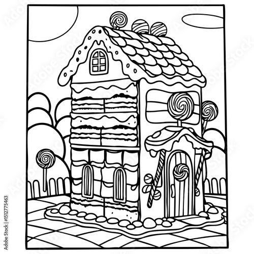 Delicious Candy and Gingerbread House Fantasy Coloring Page for Kids