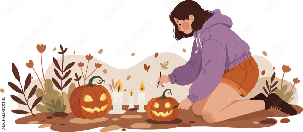 Fototapeta premium Girl in purple hoodie carving pumpkins for Halloween decoration in autumn setting with candles and plants vector illustration 