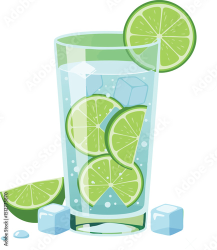 Glass of refreshing lime water with ice cubes and lime slices in clear glass vector illustration 