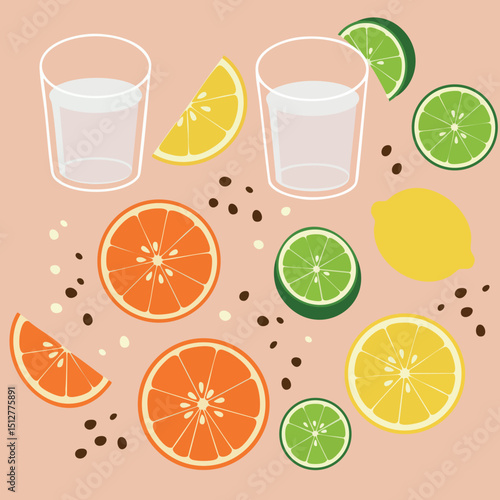 Citrus fruits with water glasses featuring lemon lime and orange slices vector illustration 