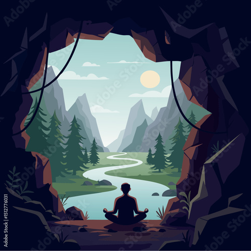 Person meditating inside cave overlooking river and mountain landscape in daylight 