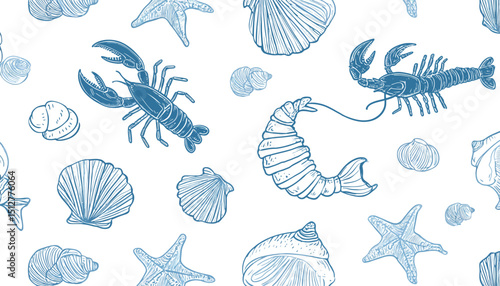 Seamless Pattern Marine Life, Shells, Starfish, Lobster, Shrimp, Underwater Design
