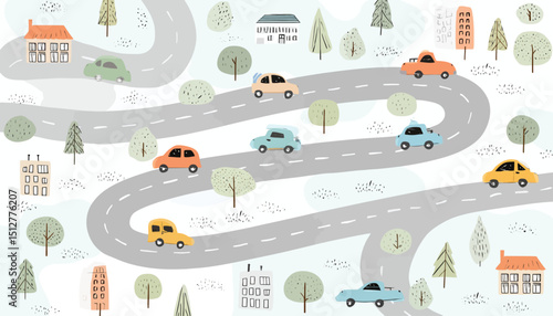 Whimsical Road Trip Seamless Pattern Childish Cars and Winding Roads Illustration