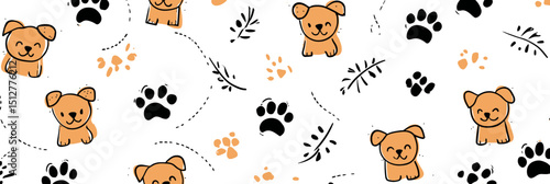 Adorable Seamless Pattern Cute Puppy Paws and Leaves