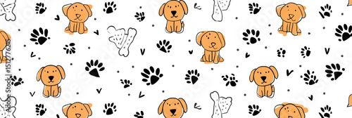 Adorable Seamless Pattern Cute Puppy Paws and Bones