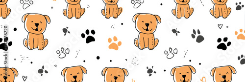 Adorable Seamless Pattern Cute Cartoon Dogs and Paw Prints