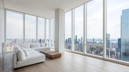Minimalist living room with floor-to-ceiling windows offering a stunning city skyline view and modern white furniture.