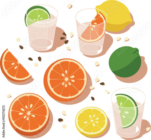 Citrus fruits and fresh juice glasses with lemon lime and orange slices vector illustration 