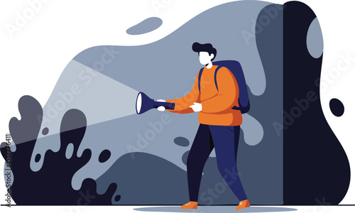 Person using flashlight exploring dark cave or tunnel in adventure activity vector illustration 