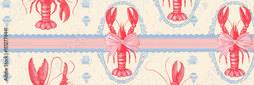 Seamless Lobster Pattern Hand-Drawn Pink and Blue Crayfish Design for Fabric, Wallpaper, and More