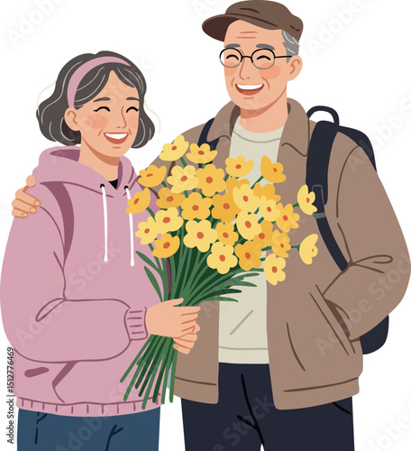 Elderly couple holding yellow flowers outdoors smiling warmly vector illustration 