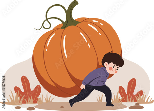 Boy Struggling to Carry Large Orange Pumpkin in Autumn Outdoors Scene Illustration 