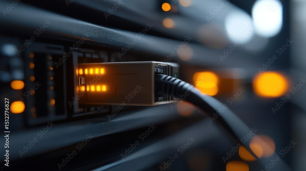 Naklejka premium Network Cable Connected to Server with Glowing Lights