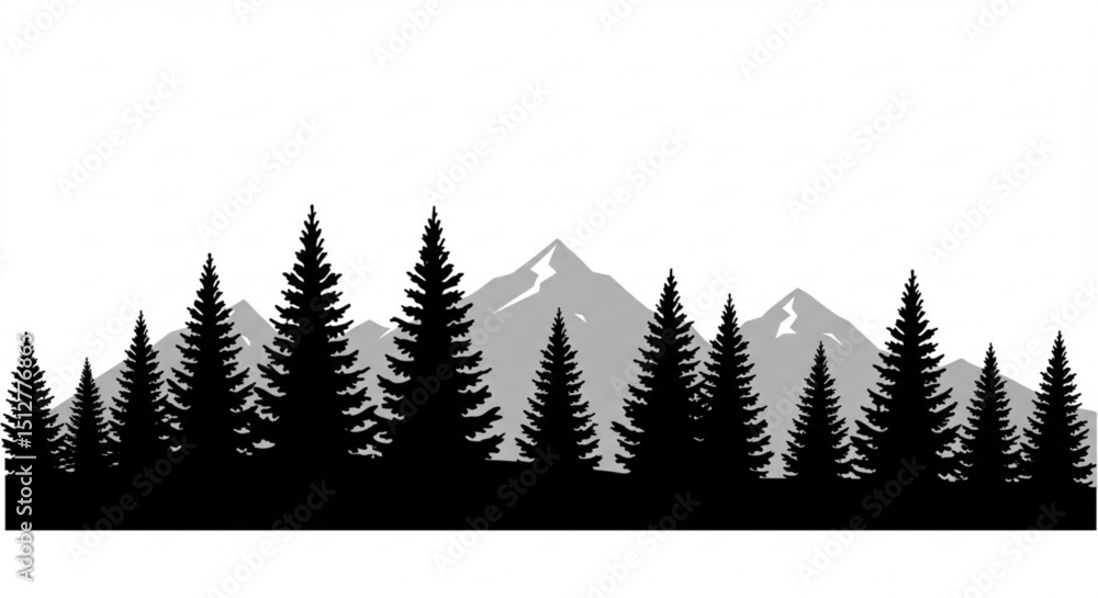 Fototapeta premium Mountain Forest Simple Black Silhouette Vector Isolated on White Background, Ideal for Logos, Nature Designs, and Outdoor-Themed Graphics