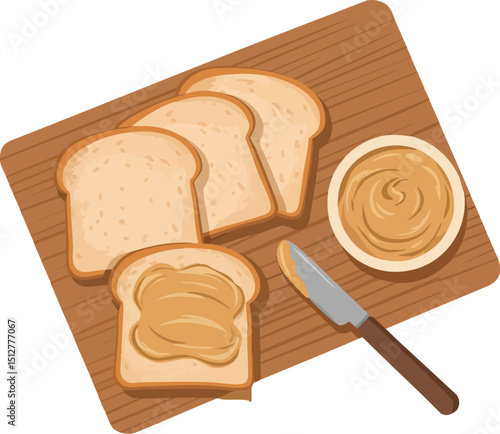 Peanut Butter Spread on Bread Slices with Knife on Wooden Cutting Board Vector Illustration 