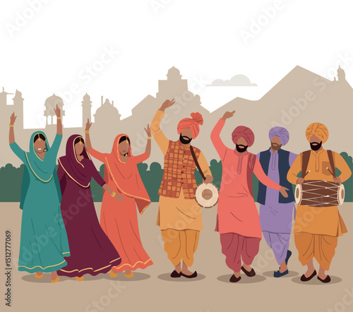 Traditional Punjabi Bhangra Dance Group in Colorful Attire Celebrating with Musical Instruments 