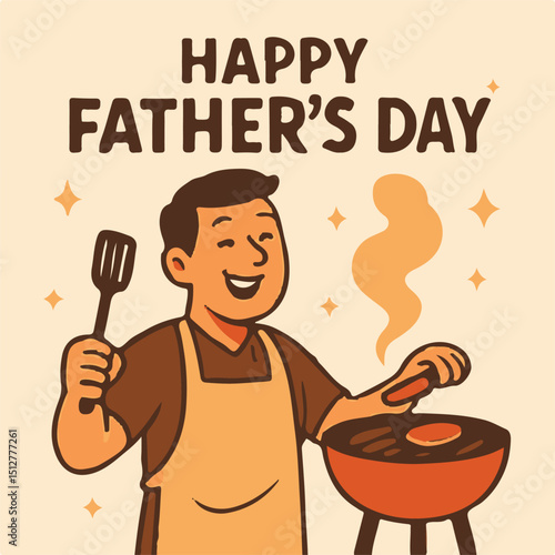 Cartoon illustration of a happy dad grilling food for Father’s Day. Perfect for holiday cards, ads, and family themes. Warm, cheerful, and great for summer or Father’s Day celebration visuals.