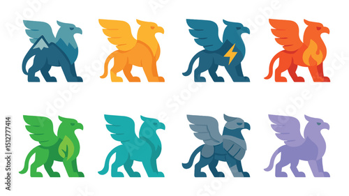 Mythical creature flat icon set. griffin symbols, fantasy and legend designs