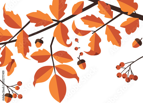 Autumn Branch with Orange Leaves and Brown Acorns Vector Illustration in Seasonal Style 