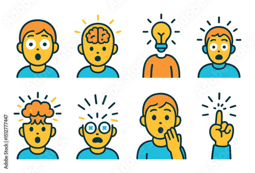 Sudden realization icon set in flat style. epiphany, insight, awareness symbols