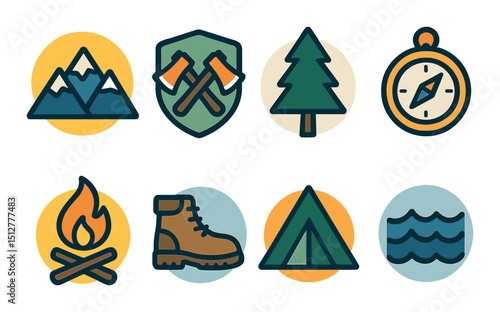 Outdoor adventure icon set in flat style. camping, hiking, and exploration symbols