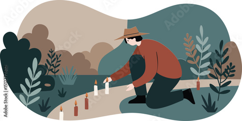 Person placing candles in outdoor natural setting with muted green and brown colors vector illustration 