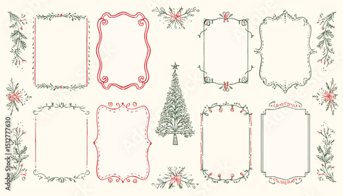 Hand-Drawn Christmas Frames and Ornaments Doodle Style Vector Set