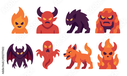 Demonic entity icon set: flat symbols for mythical and supernatural themes