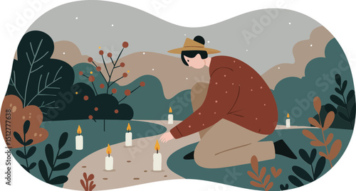 Person lighting candles outdoors in nature with subdued natural colors and calm evening atmosphere 