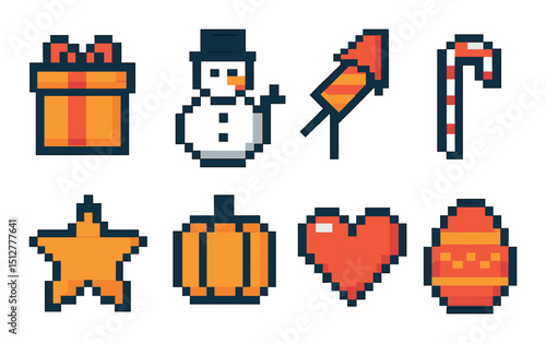 Pixel holiday icon set with flat style. festive and seasonal symbol collection