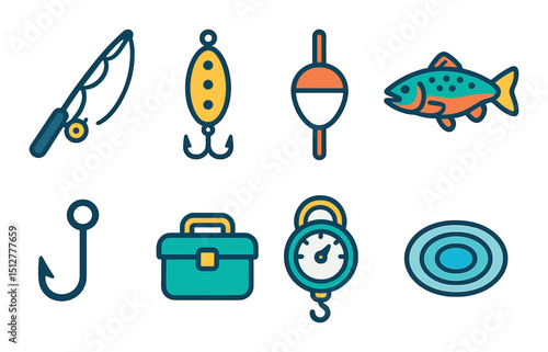 Fishing icon set in flat style. angling, sport fishing, and bait symbols
